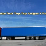 A large red and blue semi-truck with a custom tarp. Text above reads: "Custom Truck Tarp, Trailer Tarp Designer & Provider." Clear sky in the background.