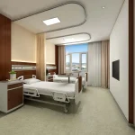 A modern hospital room with PVC Floor Vinyl, two beds, a bedside table, a large window with curtains, overhead lighting, and a wall-mounted flat-screen TV.